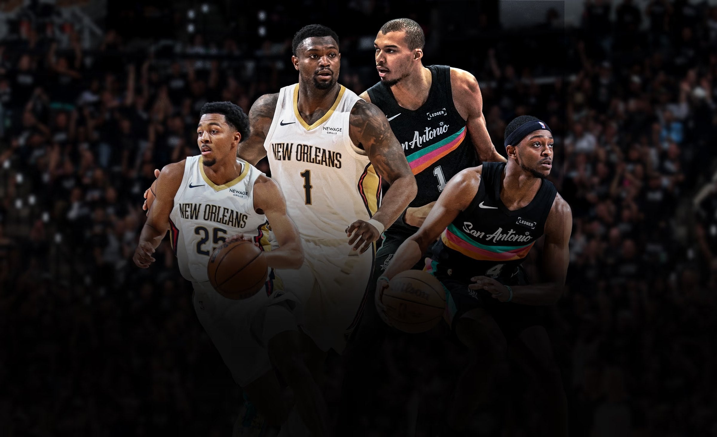 Joueurs des New Orleans Pelicans et des San Antonio Spurs